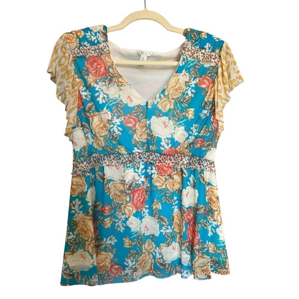 Cato Women’s XL Blouse Top Blue Floral Print Short Sleeve Stretch Knit Boho Y2K